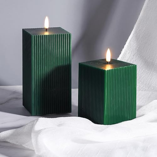Miniatura 5 de Velas sin llama acanaladas verdes con control remoto, velas cuadradas con pilas LED  3" H 4" 6"