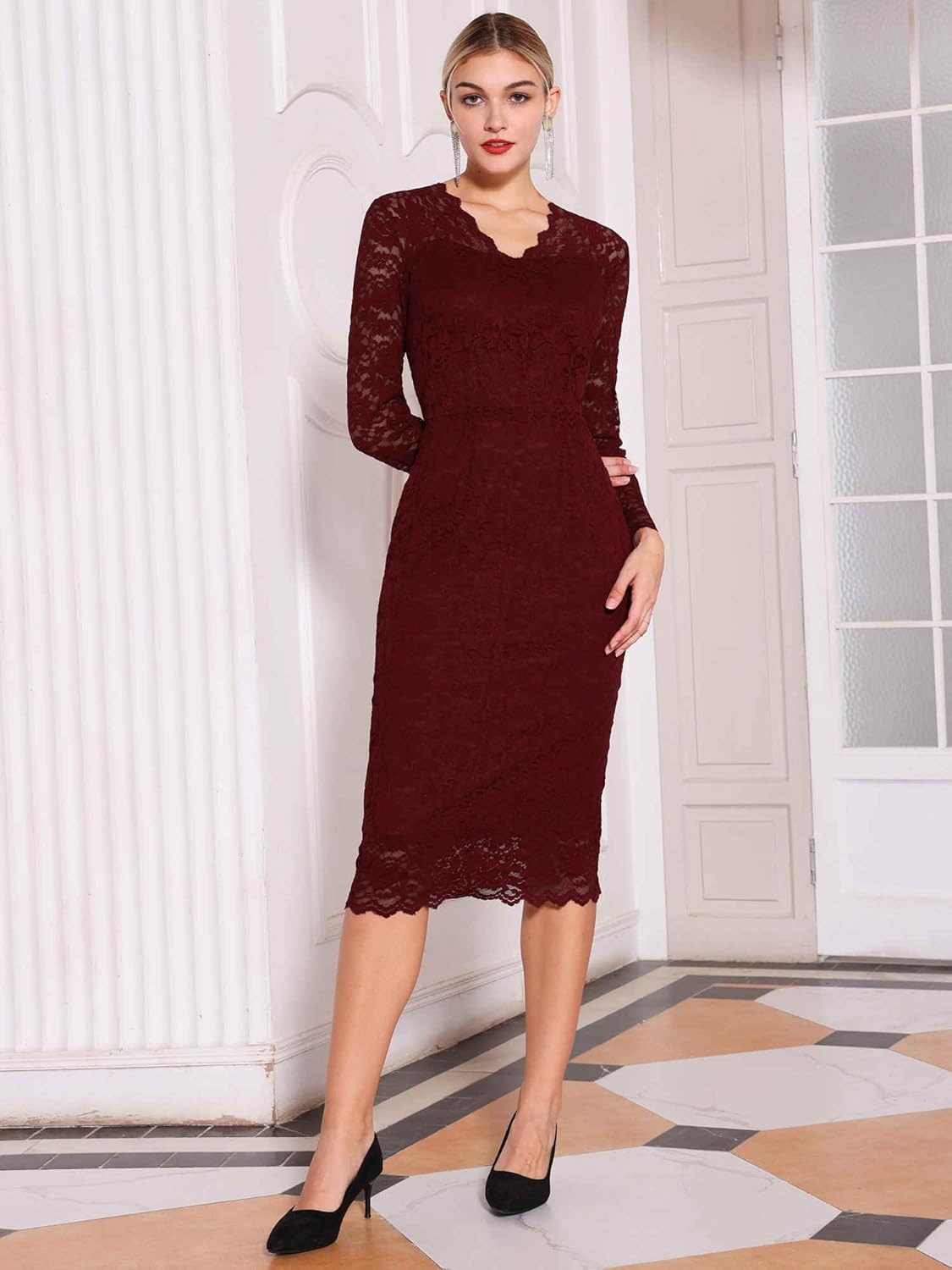 Women's Floral Lace Dress V Neck Long Sleeve Cocktail Wedding Bodycon Pencil Dresses - Image 2