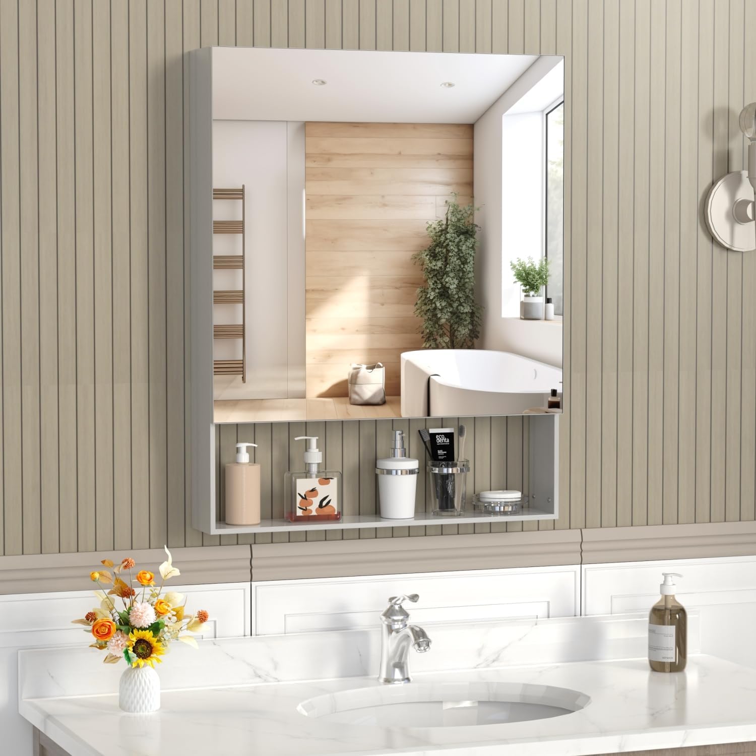 24" x 30" Cabinet with Mirror for Bathroom, Wall Mounted Bathroom Storage, Adjustable Shelves, Aluminum Framework, Mount Silver Storage Decor