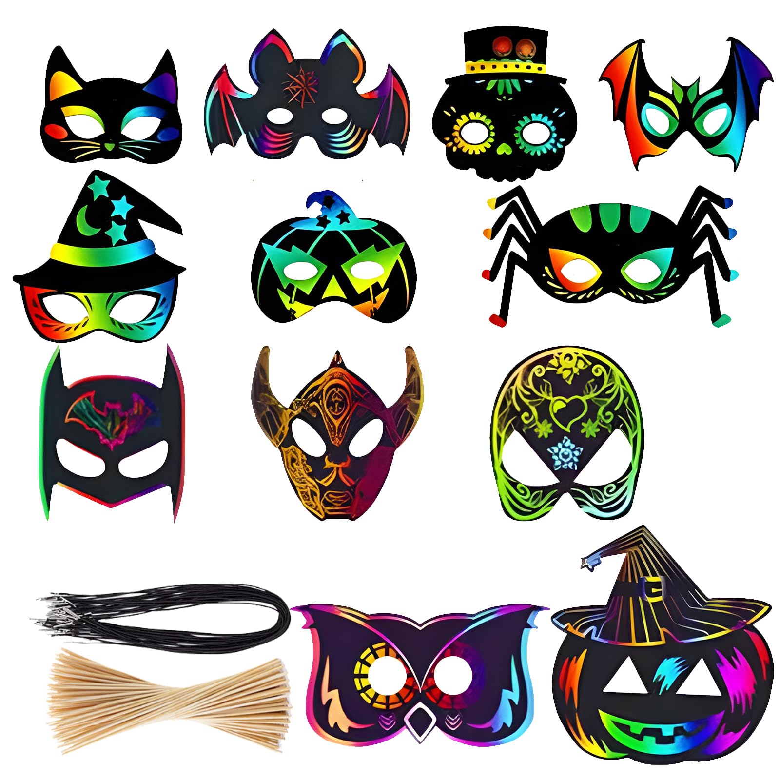 44PCS Mask Making Kit for Kids Rainbow Scratch Masks with Drawing Sticks Mask Strap Halloween Crafts for Kids Halloween Scratch Art for Decoration Game Party