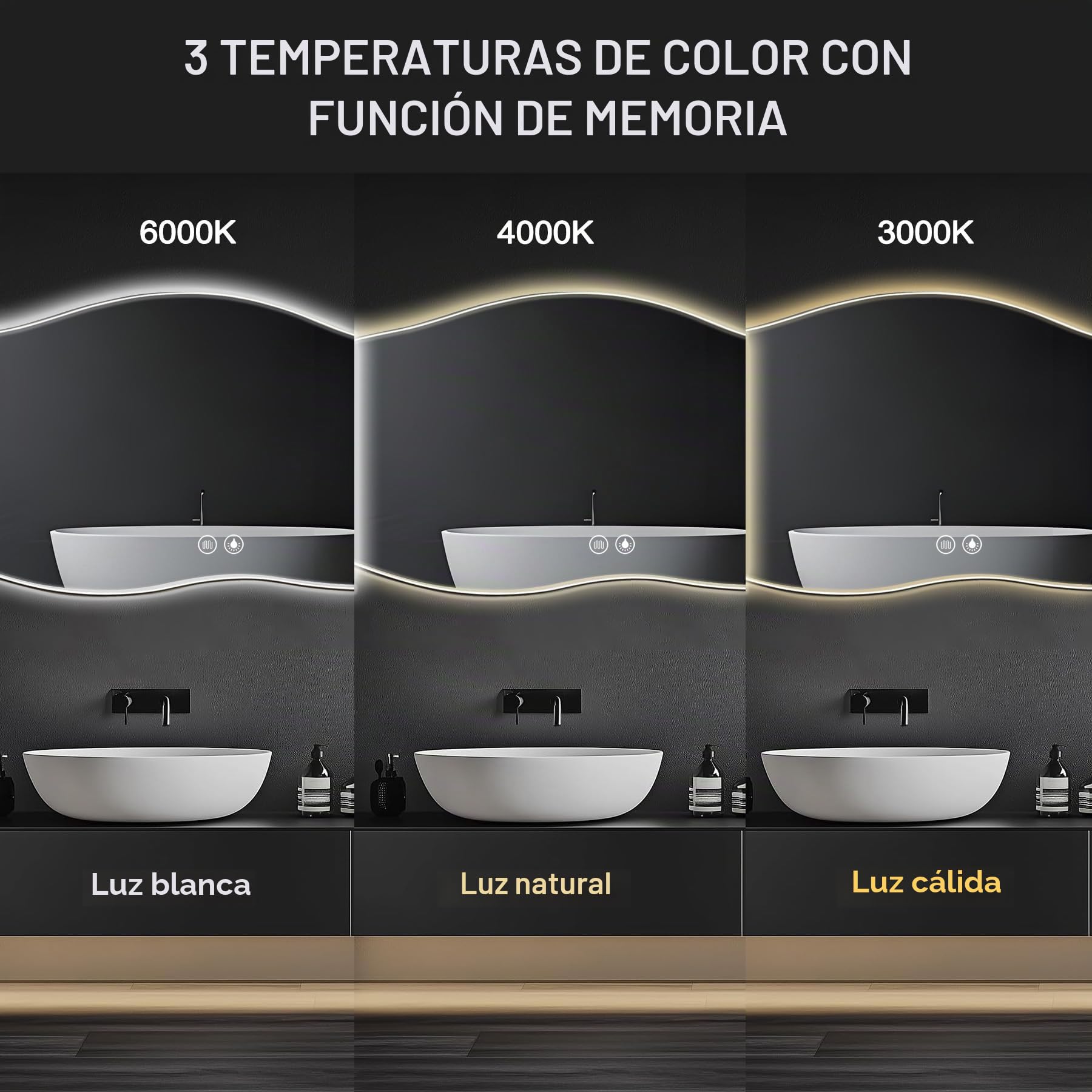 Espejo Baño con Luz 100 × 60cm Espejo LED Baño con Memoria, Función Antivaho, 3000K/4000K/6500K, Regulable, Cristal Templado HD, IP54 Espejos de Baño con LED,Espejo Inteligente(100×60CM)
