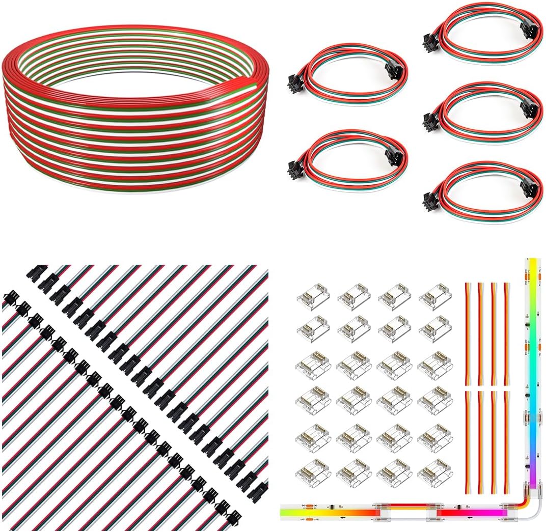 BTF-LIGHTING 3Pin FCOB 12mm Width Transparent Connector Kit 3Pin SM Connector Plug 4 Conductor Wires 32.8ft/10m Extension Cable 22AWG for 3 Pin SPI FCOB 12mm Width WS2811 IC LED Strip