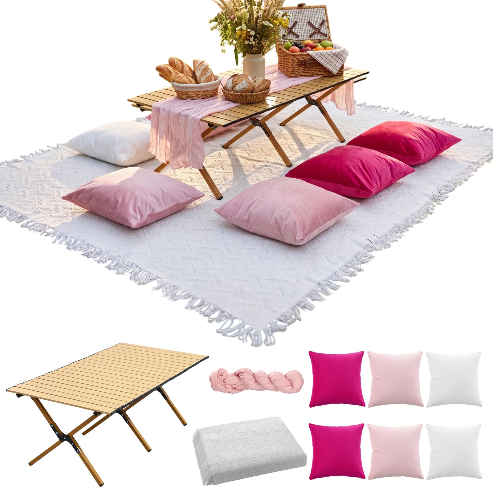 Leinuosen 9 Pcs Boho Picnic Set with Folding Low Picnic Table, 91'' x 71'' Extra Large Outdoor Boho Picnics Blanket, Pink Table Runner & 6 Throw Pillow Covers for Wedding, Party Decor