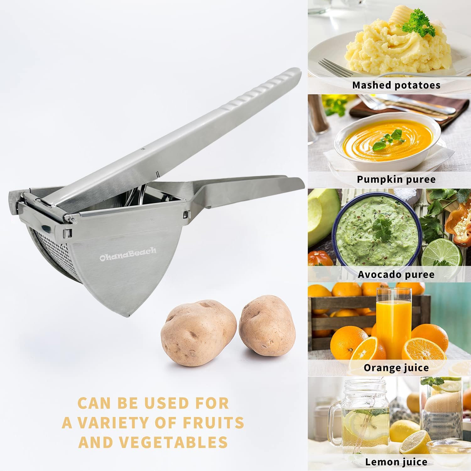 OhanaBeach® Schiacciapatate professionale in acciaio inox. Manico in acciaio spesso. Per schiacciare patate, verdure e frutta。passatelli attrezzo。schiacciapatate acciaio inox。kartoffelpresse