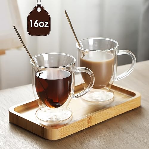 Miniatura 2 de Gejoy 6 juegos de tazas de café de vidrio de doble pared con cuchara, taza de café transparente aislada con asa, tazas de café de vidrio