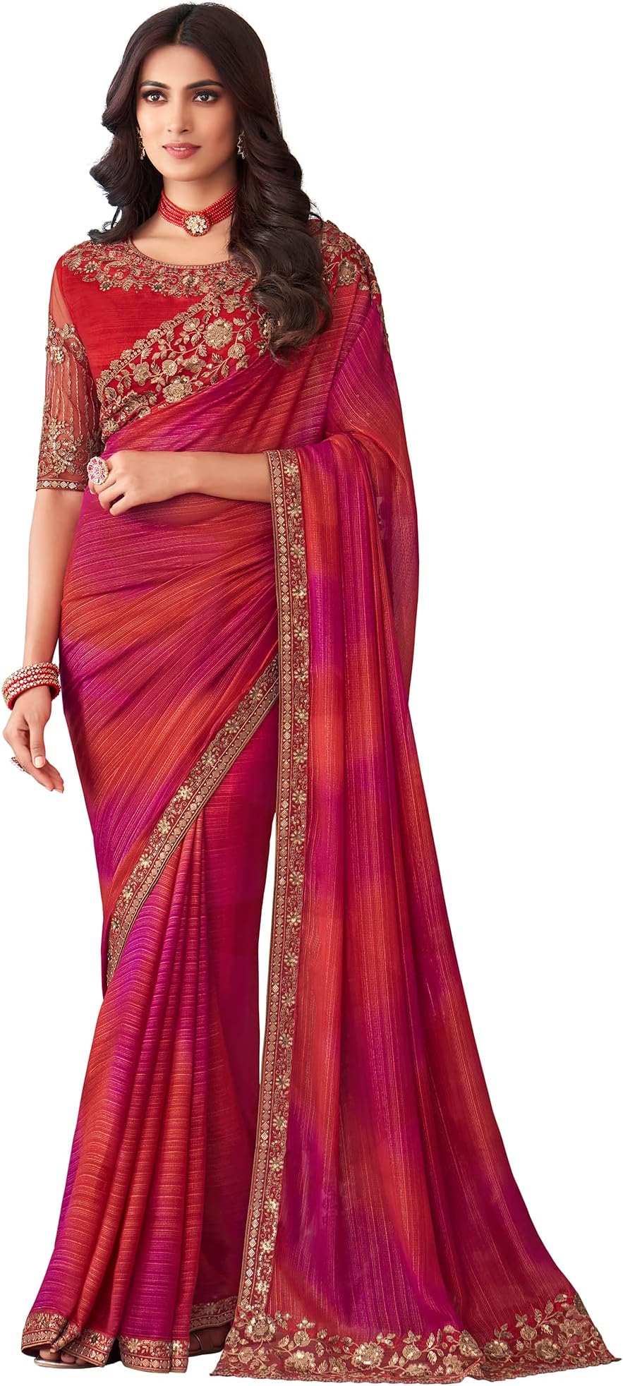 AKHILAMWomen's And Girls Embroidery Lace & Sequence Embroidery Chiffon Saree With Unstitched Blouse Piece