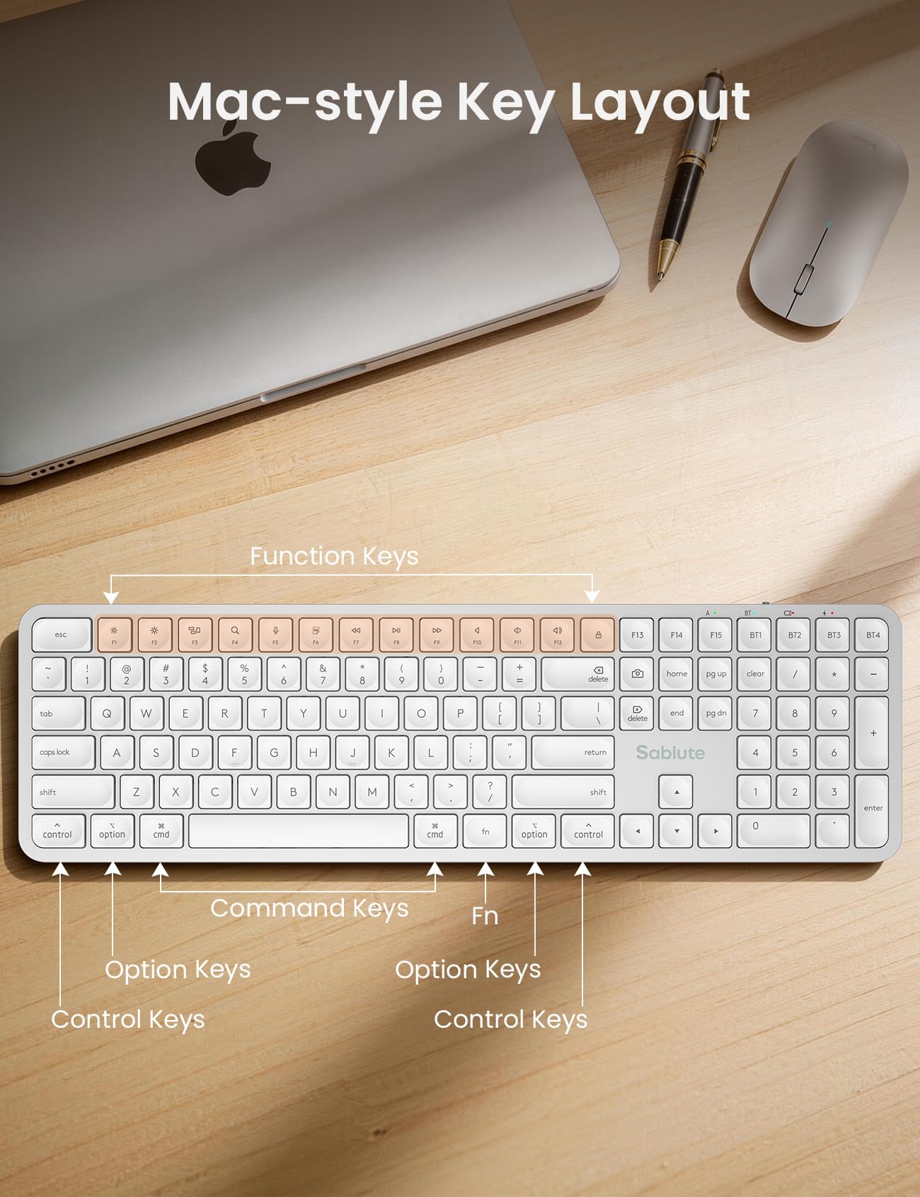 SABLUTE Teclado y mouse Bluetooth para Mac, combo de teclado inalámbrico recargable para múltiples dispositivos, textura metálica, tamaño completo para MacBook Pro/Air, iMac, iPad (blanco plateado)