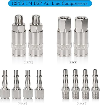 12 Pcs Air line Connectors, 1/4 Male Airline Fittings, Air Hose Connectors Pcl Air Fittings Plug Kit with Male Female Thread, Airline Compressor Fittings