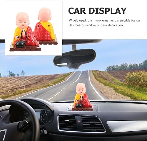 Miniatura 8 de 2 figuras solares de monje con cabeza temblorosa, decoración de tablero de instrumentos de Buda para coche, hogar, estatua compacta de cabeza de