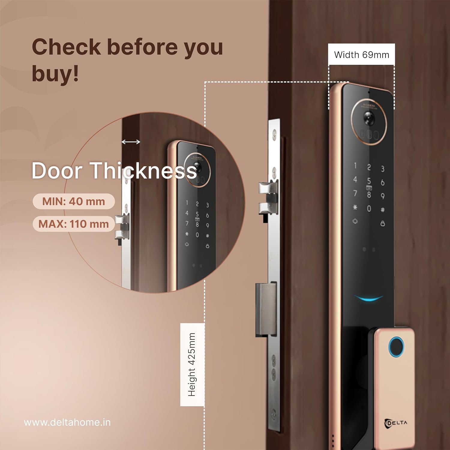 Diagram showing door thickness requirements for DELTA Z1 PRO Smart Door Lock. Minimum door thickness: 40 mm, Maximum door thickness: 110 mm. Lock width: 69mm, Lock height: 425mm.