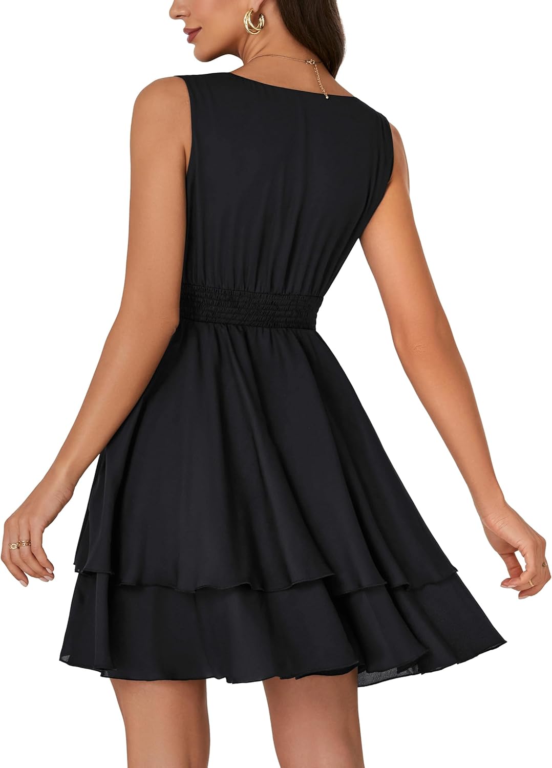 Rooscier Women's Layer Ruffle Flowy Wrap V Neck Casual Dress Sleeveless Smocked Summer Mini Dress - Image 3