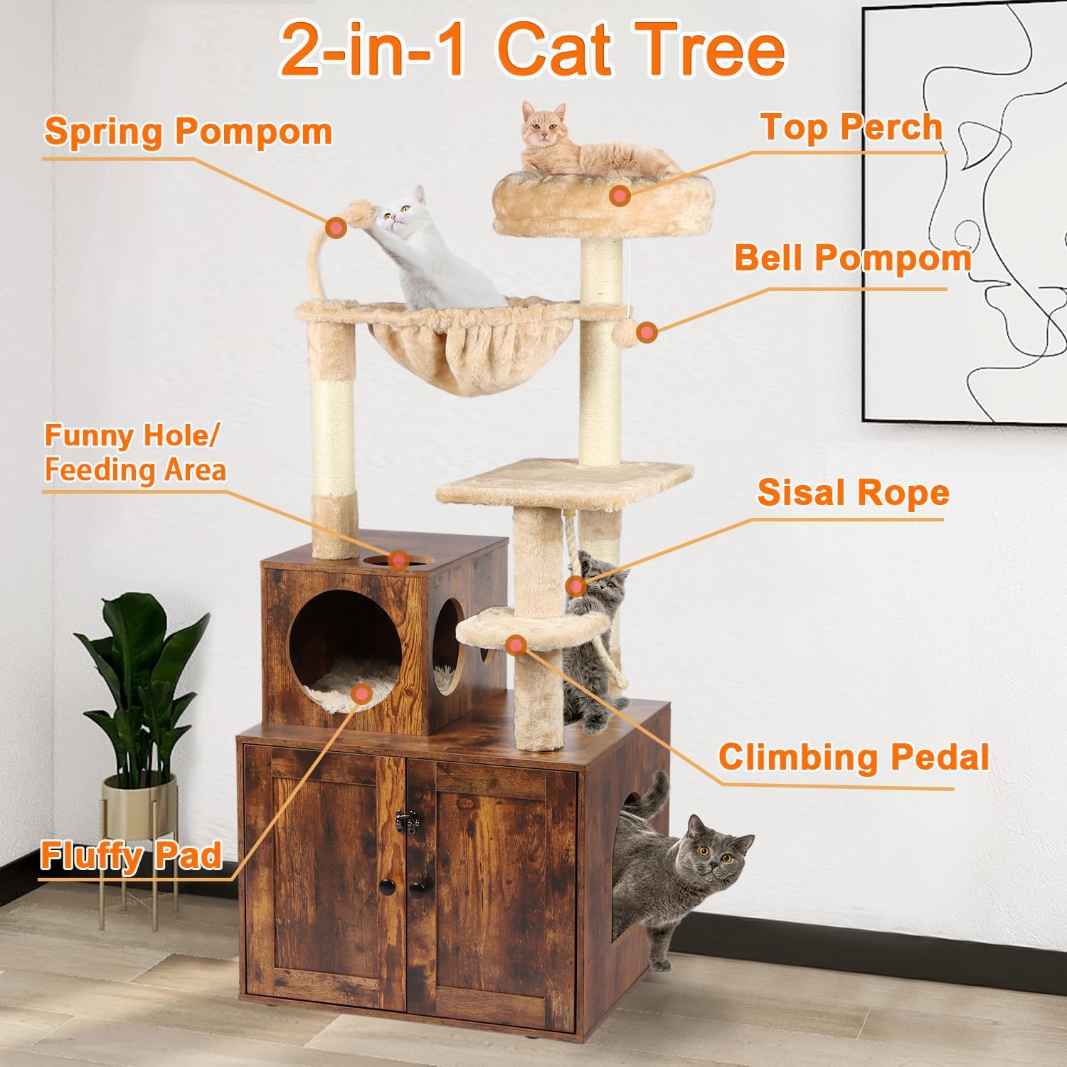 Two Litter Box Enclosure with Cat Tree, Wooden Cat House with Cat Tree Tower, Hidden Cat Litter Box Furniture with Scratching Post, Modern Cat Condo
