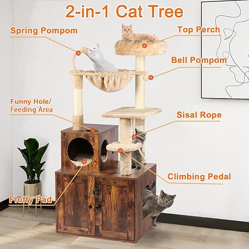 Miniatura 2 de Árbol para gatos con caja de arena, torre para gatos 2 en 1 para gatos de interior, condominio grande de madera para gatos con canasta, postes
