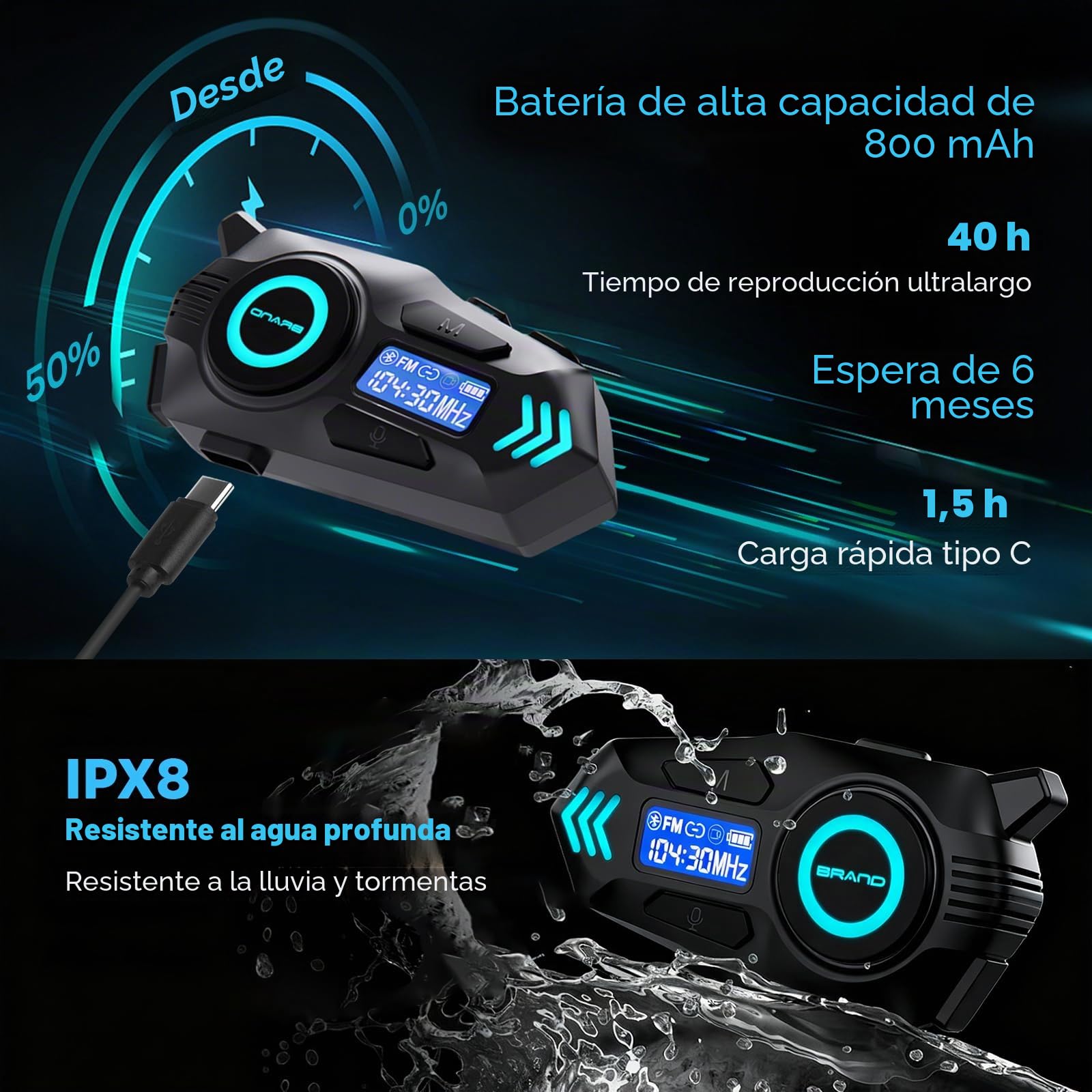 K09 Intercomunicador Moto Bluetooth 5.4, Kit Manos Libres para Motocicleta 500 m Doble Comunicación, Auriculares con Pantalla Digital, IPX8 Impermeable, Sonido HI-FI, FM (1 Pieza)
