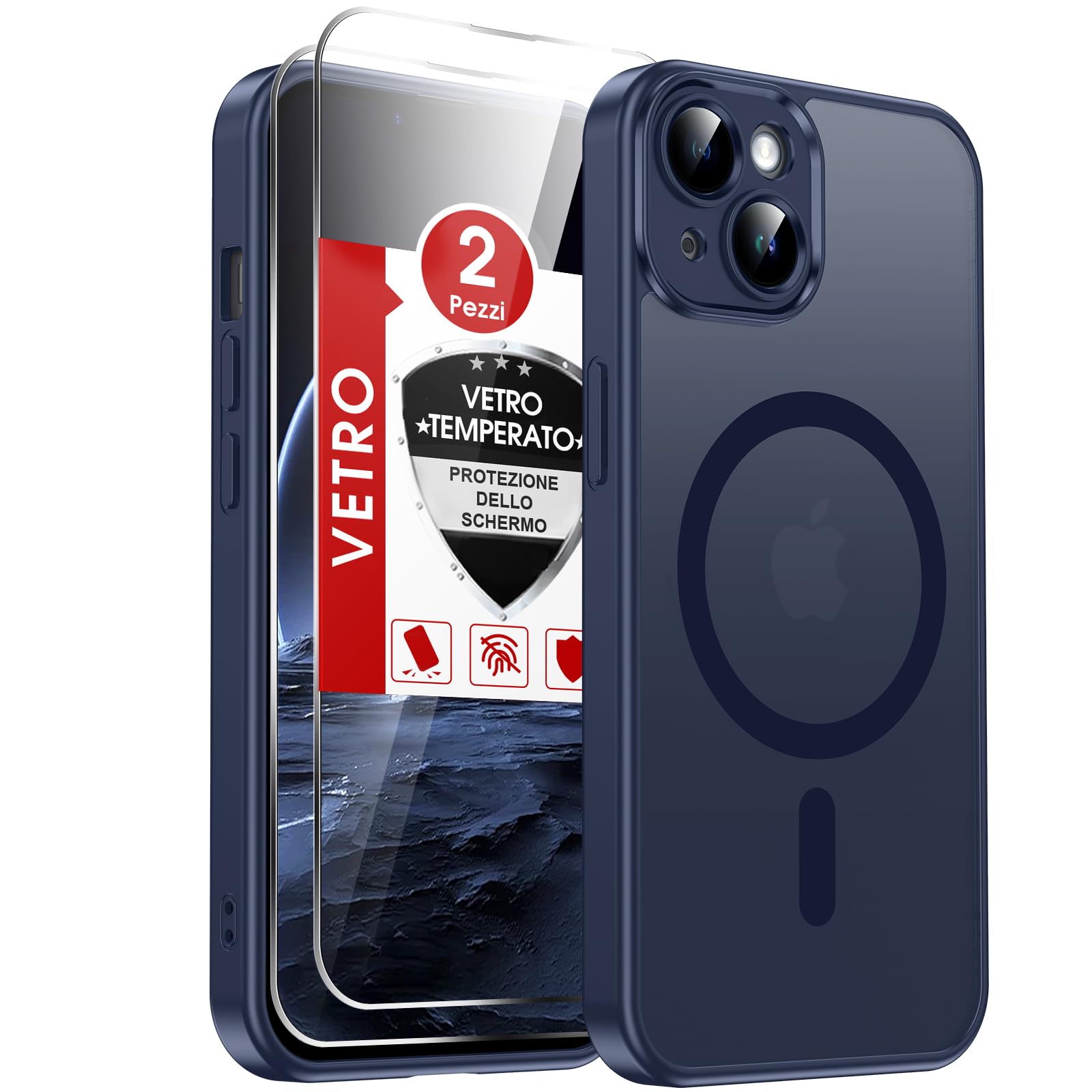 LeYi Cover Magnetica per iPhone 14 con 2 Pezzi Vetro Temperato(Blu) | Custodia Compatibile con MagSafe Traslucida Opaca Anti-Impronte Resistente Antigraffi Antiurto Protettiva per iPhone 14 Case