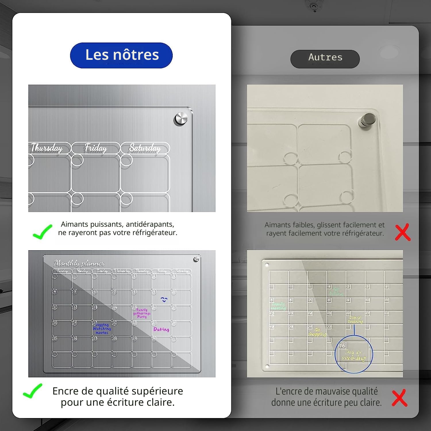 Lot de 2 Calendriers Magnétiques Frigo, Calendriers magnétiques effaçables pour le réfrigérateur, calendrier acrylique transparent, carte de planification mensuelle et hebdomadaire