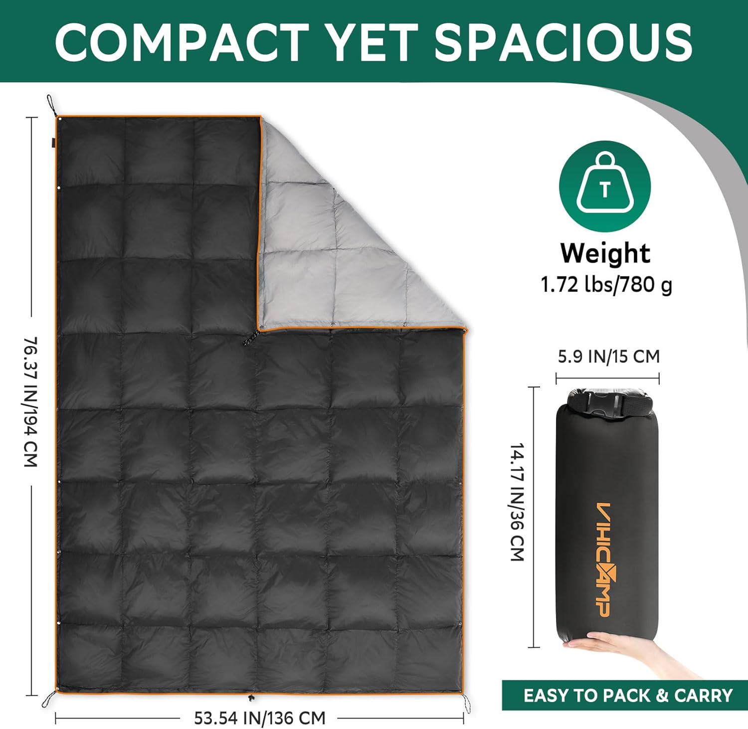 Down Camping Blanket - Lightweight Packable Outdoor Blanket, Water Resistant Camping Quilt for Hiking, Travel, Hammock, Warm and Compact Backpacking Quilt with Stuff Sack for Cold Weather