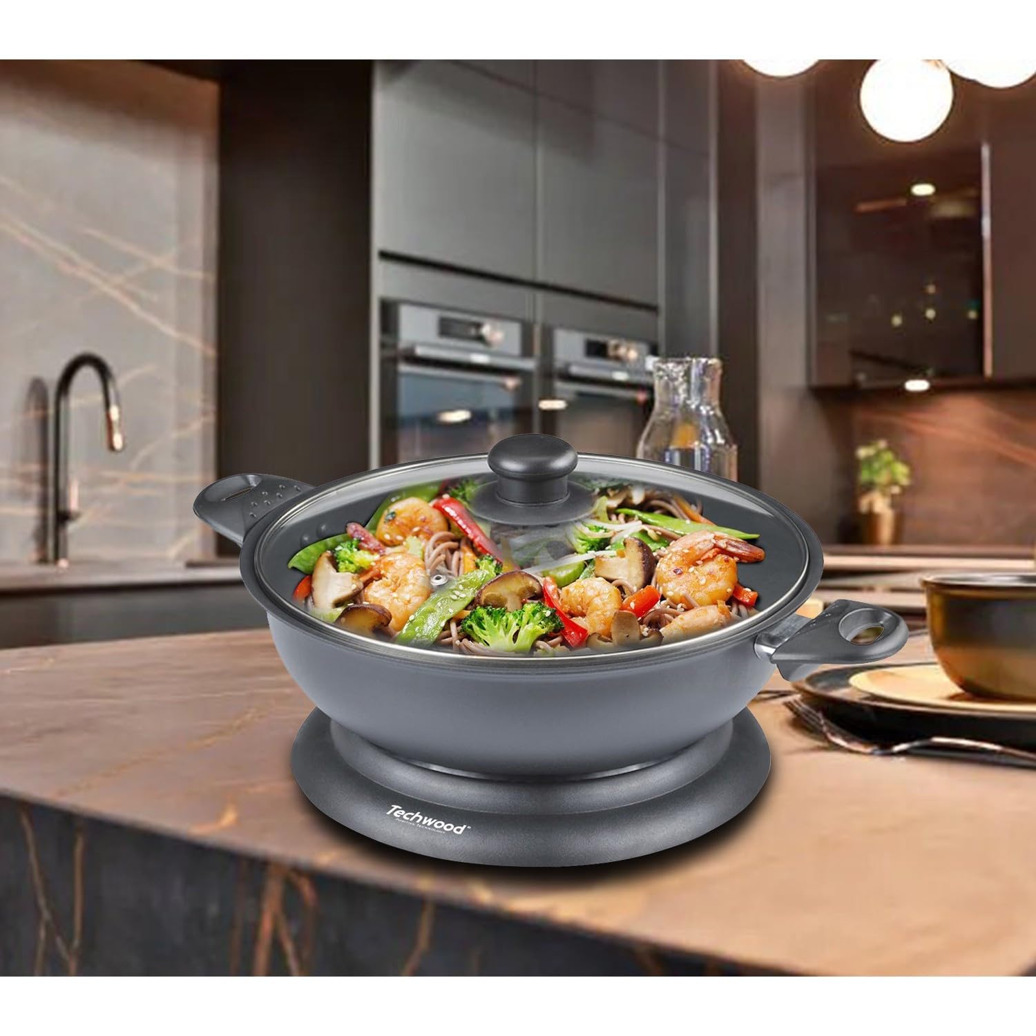 BM TOOLS Wok Electrique Techwood TWF-306-3,6L - Revêtement anti-adhésif - Puissance 1400W - Thermostat Réglable