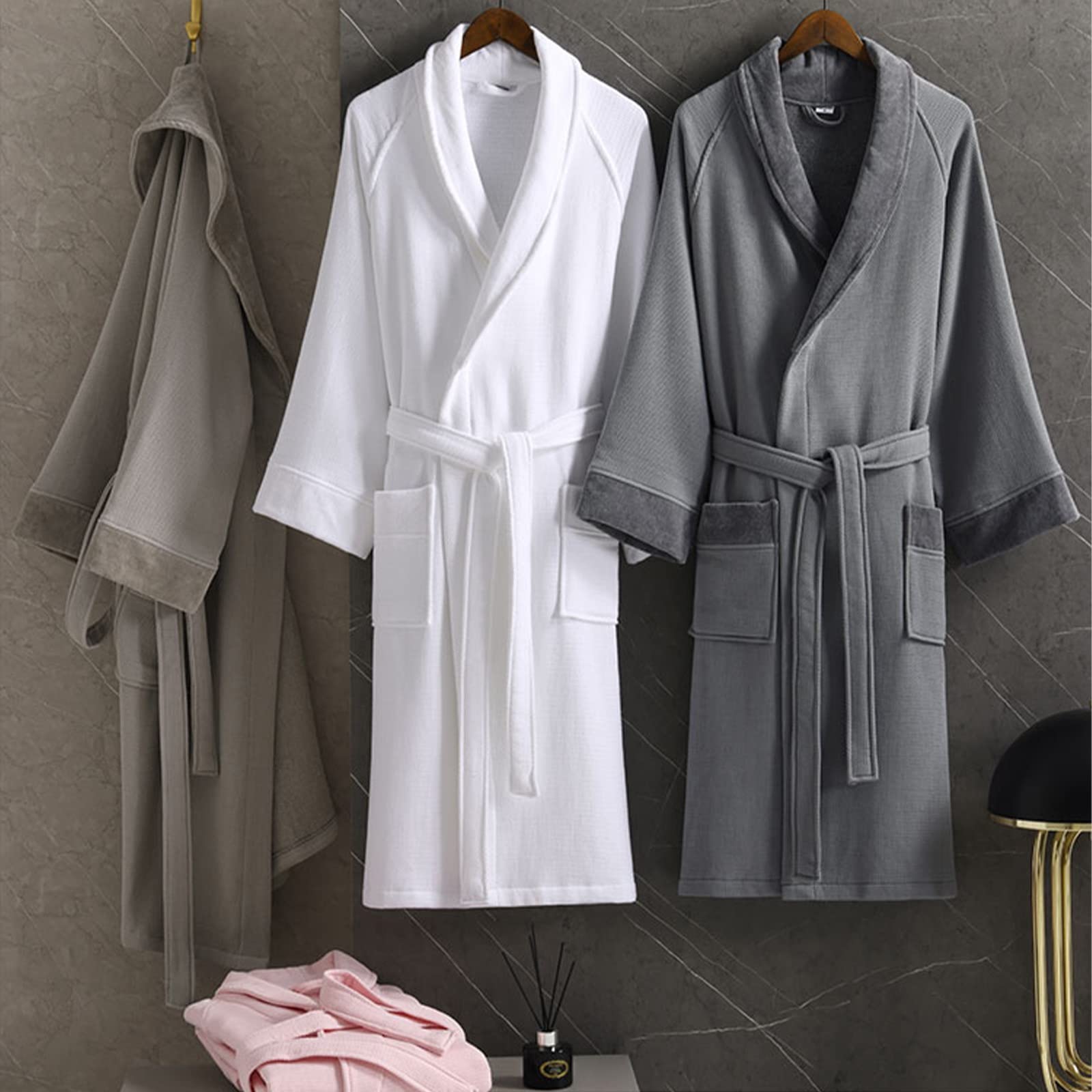 Szlafrok Unisex Męski Bawełniany Szlafrok ， Hotelowy Szlafrok Frotte ， Zewnętrzna Warstwa Waflowa, Wewnętrzna Warstwa Frotte, Szybkie Wchłanianie Wody, Brak Kłaczków (Color : Light gray, Size : XL)