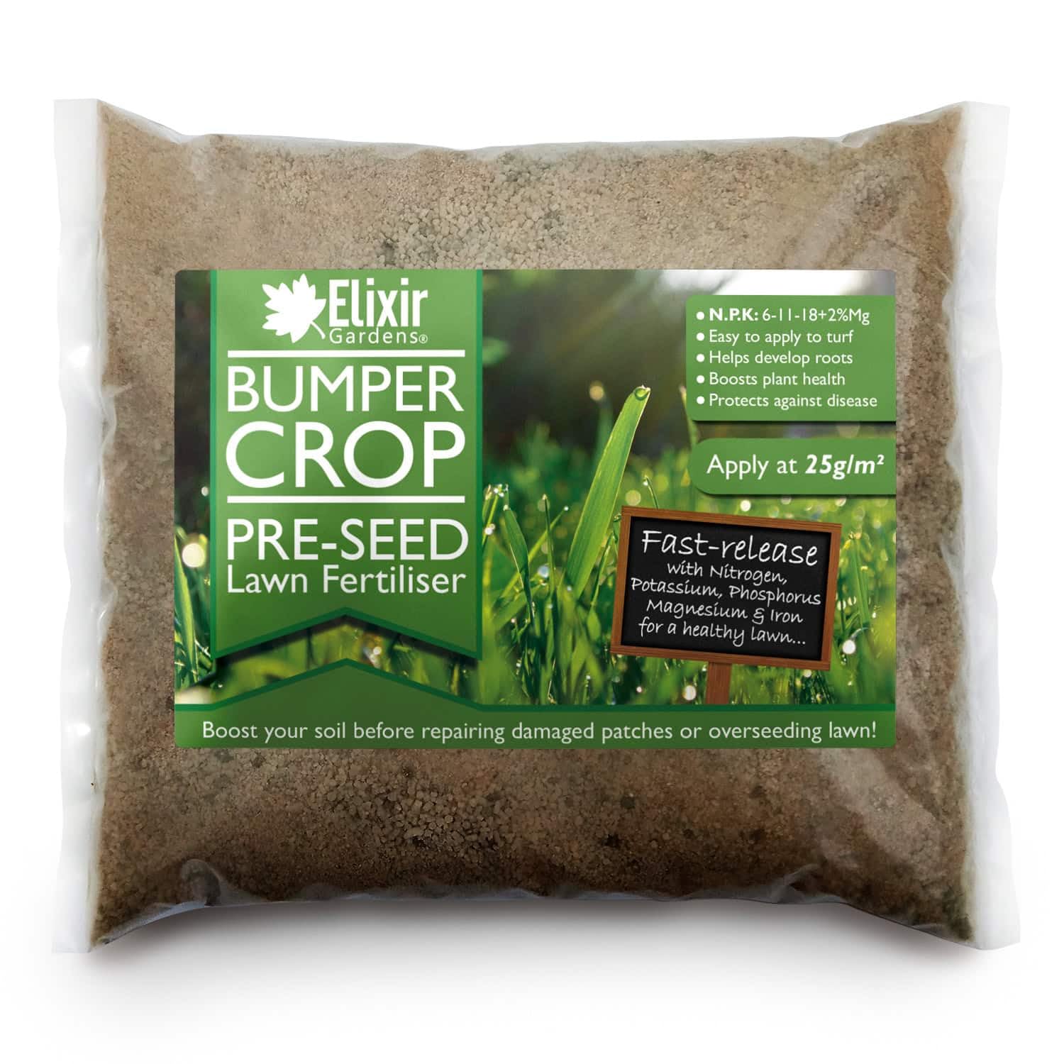 Elixir Gardens Bumper Crop Pre-Seed Lawn/Turf Fertiliser | Grass Seed Starter & Soil Prep for Overseeding & Patch Repair with Magnesium & Iron | N.P.K: 6-11-18 + 2% Mg + 0.6% Fe | 4kg Bag