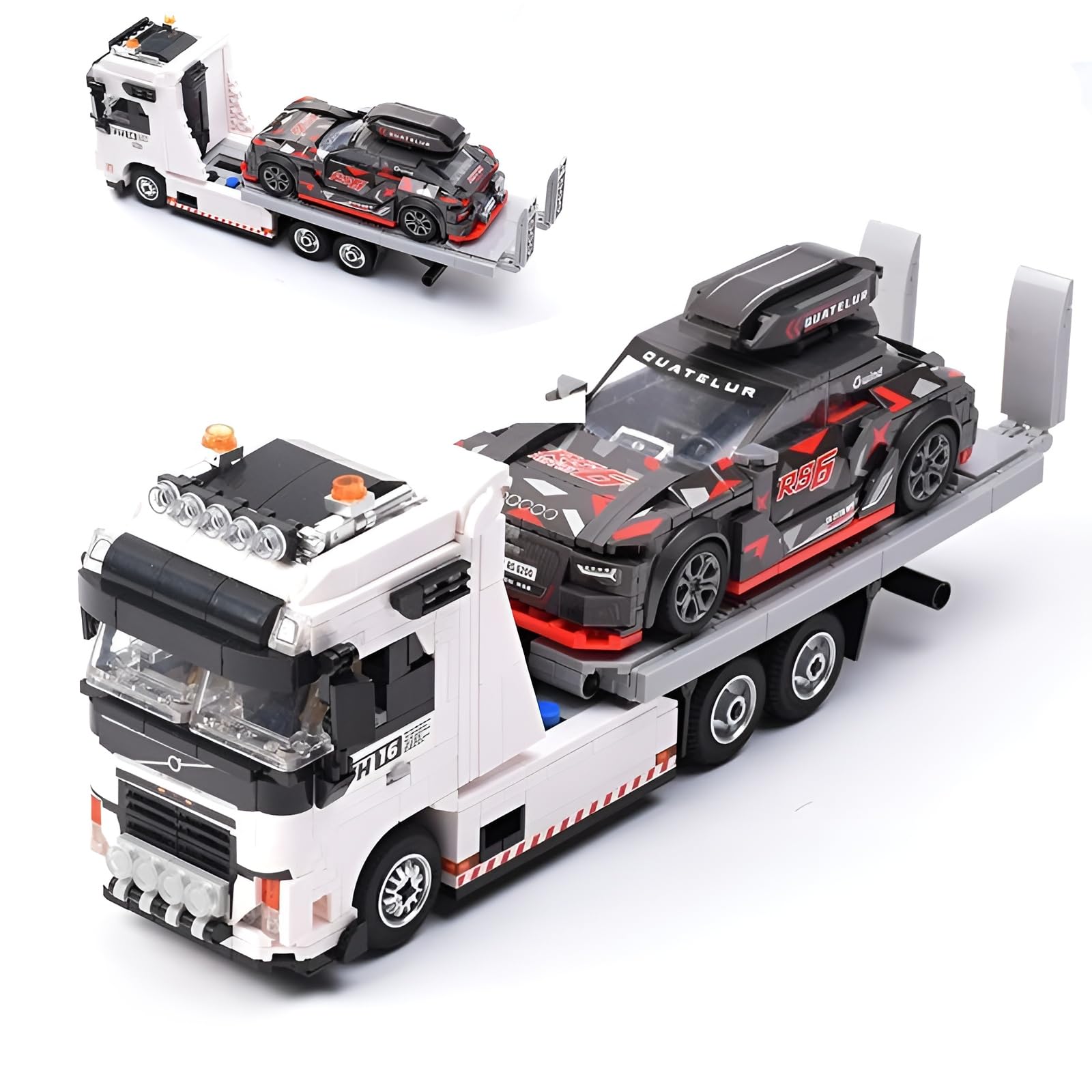 Heavy Duty Truck Building Set, 2IN1 Cool Model Toys with SuperCar & Flatbed Transporter, Technik Vehicle Building Kit for Adults, Home Office Decor, Ideas Gift for Car Enthusiasts and Collectors