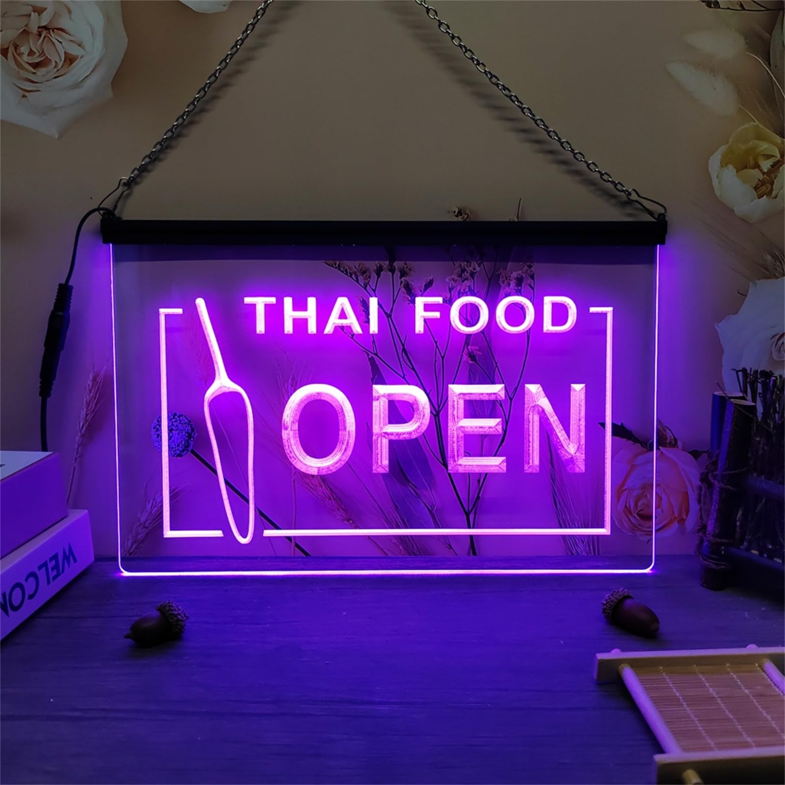 KEYQEEN OPEN Thai Food Shop LED Neon Sign, Restaurant 3D Carving Neon Lights for Business Wall Decor USB Luminous Signs,Purple,60x40cm