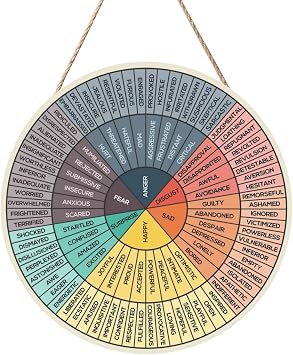 Poacnip Feelings Wheel Wall Decor Mental Health Emotions Chart Round Wood Sign Wall Hanging Therapy Counseling Office Classroom Home Decor Therapist Gifts Social Behavior Learning Chart 12 Inch