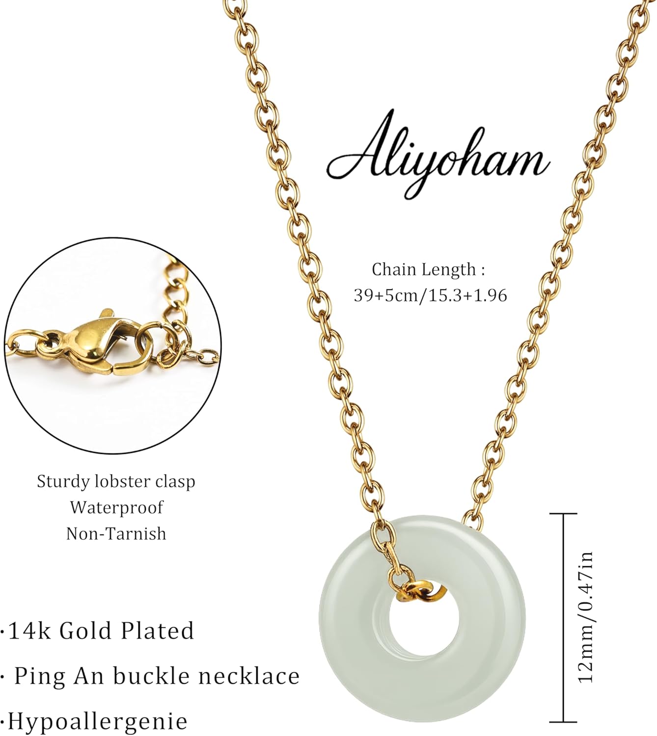 Jade Pendant Necklace, 14K Gold Plated Circle Pendant with Green Stone, Sterling Silver Chain Spiritual Jewelry Gift for Women - Image 4