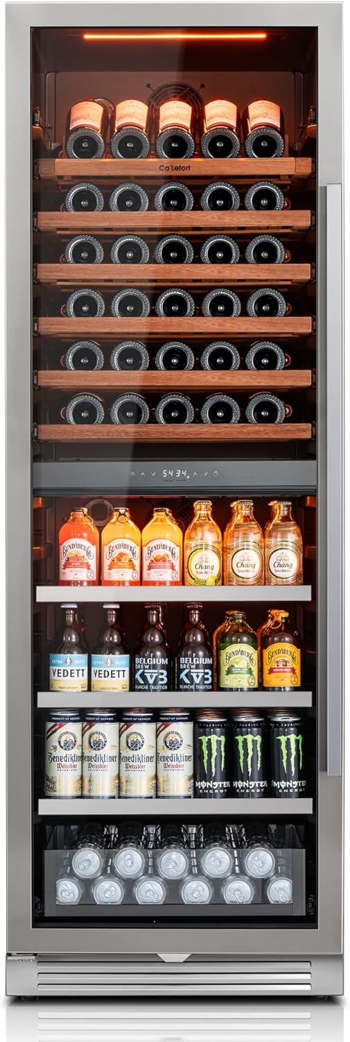 Ca'Lefort Wine Fridge Dual Zone, 185 Can and 77 Bottle 24 Inch Wine Cooler Refrigerator, 34-65°F Cooler with Glass Door, 3 LED Built-in/Freestanding Fridge for Bar/Kitchen/Resterant (Right-Hinged)