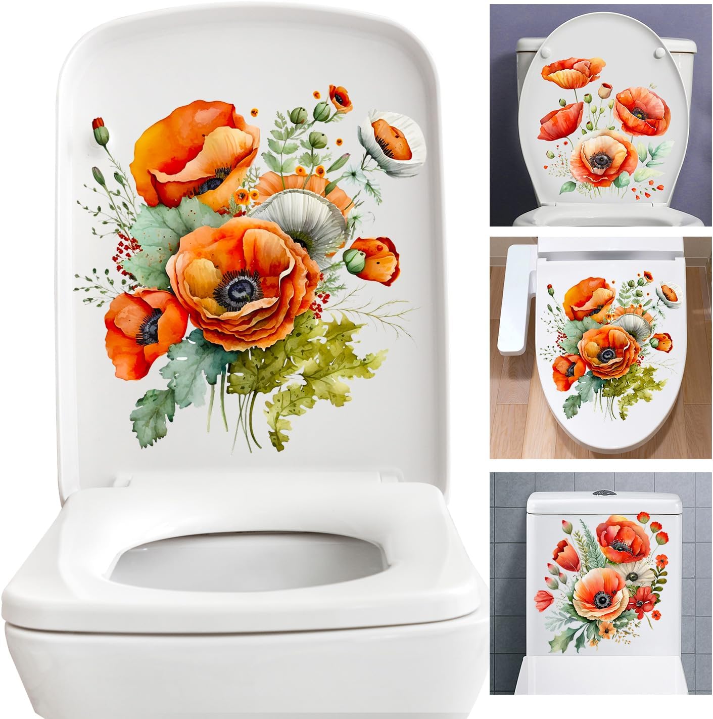 3PCS 3D Poppy Flowers Bathroom Toilet Seat Wall Sticker