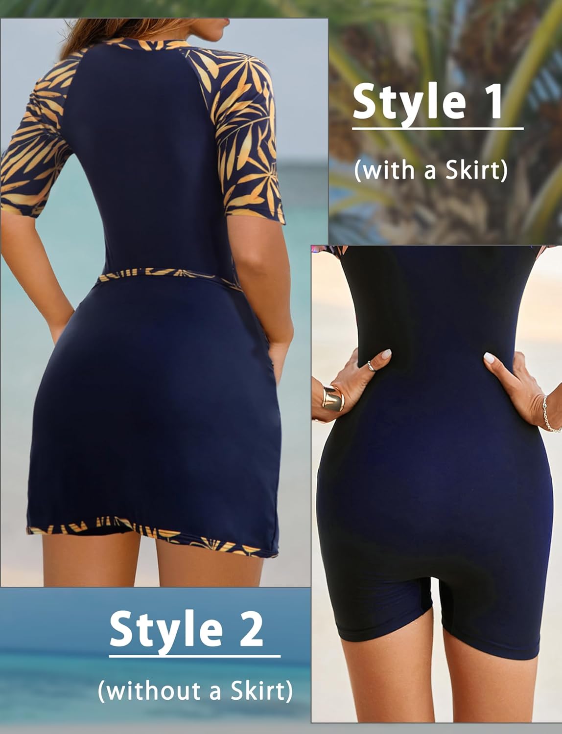 SEAUE Women's Short Sleeve Rash Guard One Piece Bathing Suit with Skirt Zip Front Swimwear UPF 50+