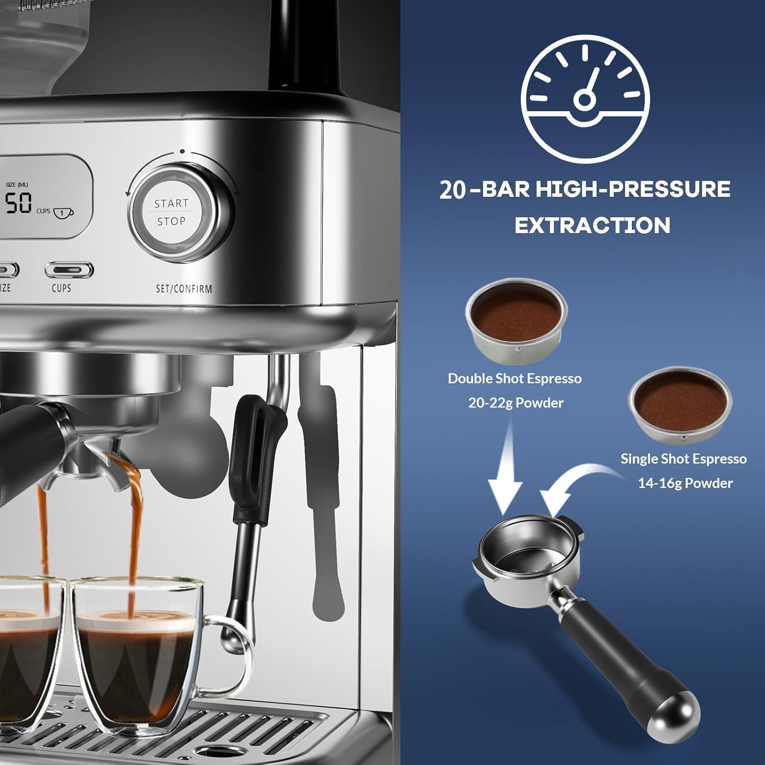Illustration showing 20-bar high-pressure extraction for single and double espresso shots, with recommended coffee powder weights.