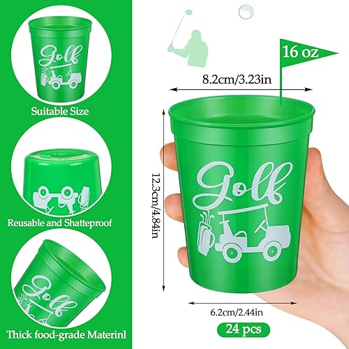 Miniatura 2 de Norme 24 vasos de plástico reutilizables para fiestas de golf, diseño de carrito de pelota de golf de 16 onzas, regalos de suministros, decoraciones