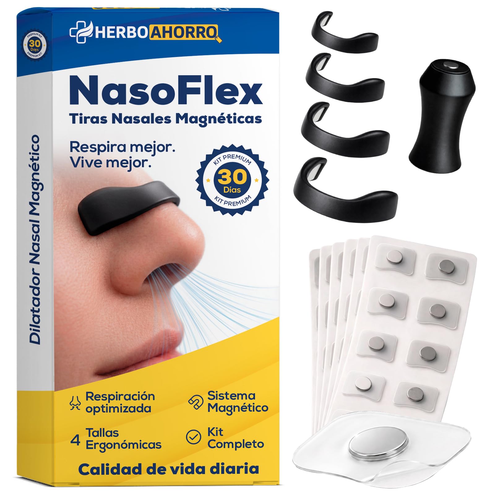 Tiras Nasales Magnéticas - Dilatador Nasal Antirronquidos para Dormir y Deporte, Adhesivo Hipoalergénico, Mejora Respiración y Oxigenación - 60 Parches (30 Días), 4 Tallas y Aplicador - HerboAhorro®