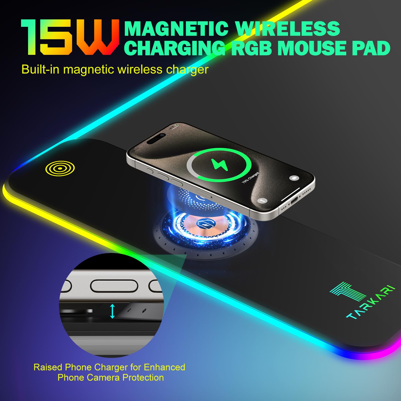 Tappetino per mouse RGB con ricarica wireless, grande tappetino per mouse da gioco a LED, 800 x 300 x 4 mm, 15 modalità di illuminazione, impermeabile, base in gomma antiscivolo, tappetino per