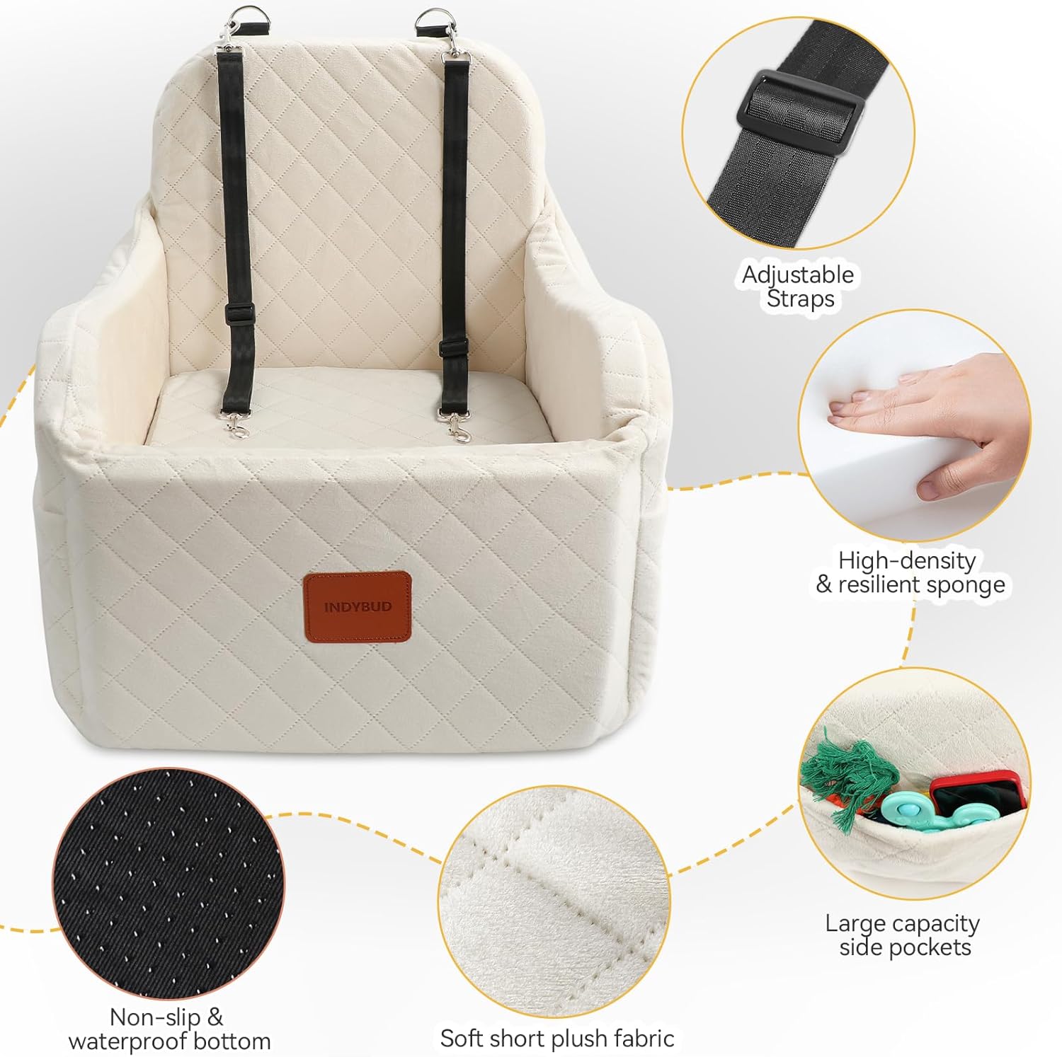 Dog Car Seats for Small Medium Dogs Up to 35lbs, Detachable Washable Soft Pet Booster Travel Bed for Front Seat with Safety Leash Belt (Beige, Medium)