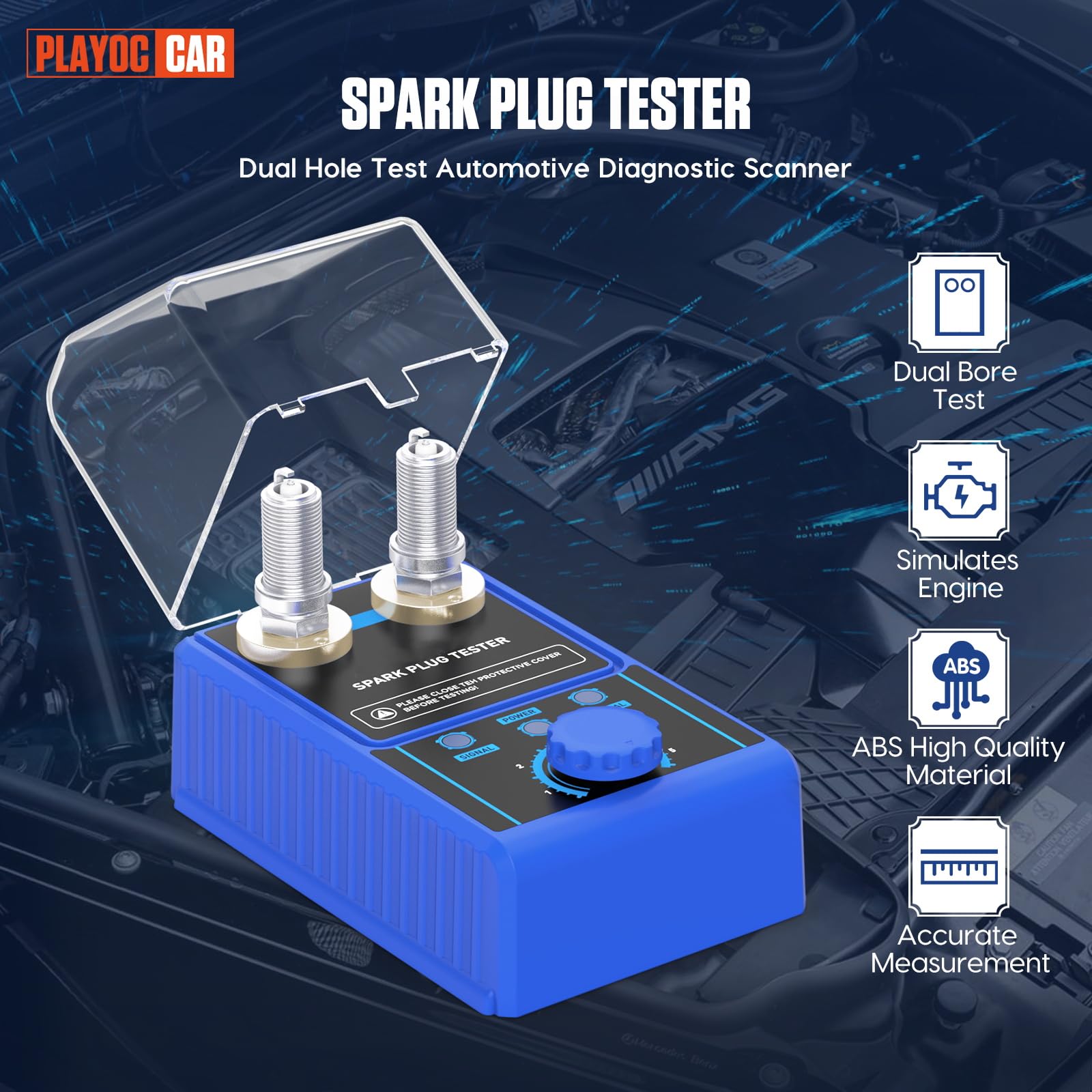 PLAYOCCAR Tester per candele Accensione 220V - Rivelatore Candele per Auto a Doppio Foro per Candele da 12 mm, Frequenza Regolabile 0~6000RPM con Coperchio Protettivo Veicoli a 12 V.