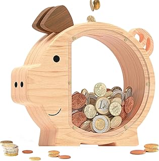 Spardose Kinder und Erwachsene, Personalisiertes Durchsichtig Sparschwein aus Holz, Kleines Schweinchen Sparschwein für Münzen, Bargeld, Geburtstags und Einschulungsgeschenke (Natürliche Holzfarbe)