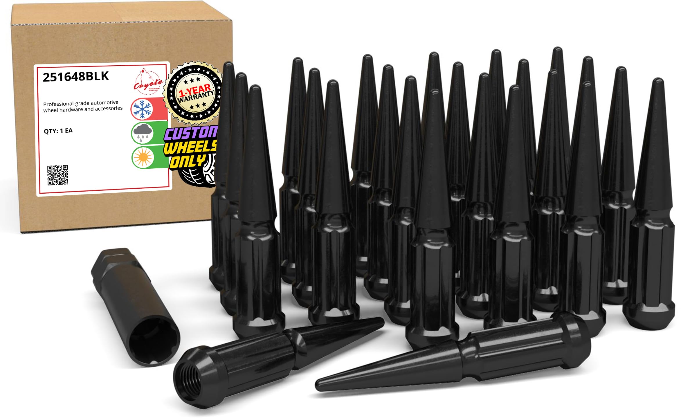 Wheel Accessories Parts 24 Pcs M14x1.5 14x1.5 Thread Spiked 4.4" Long Lug Nuts Black Truck Spline Hex Fits Chevy Silverado GMC Sierra RAM 1500 Ford F150 Bronco (Raptor Only)