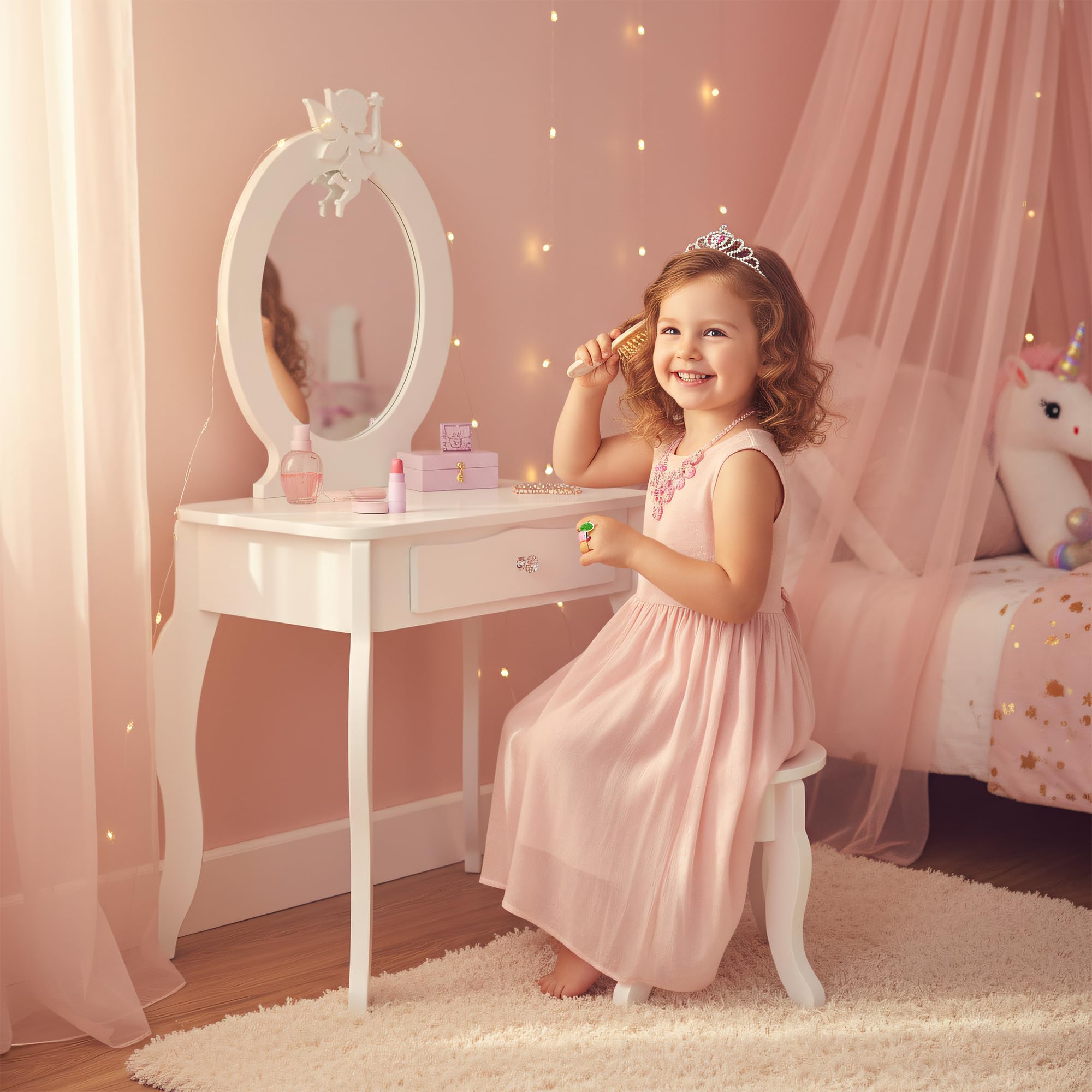 Green series Tavolo da toeletta per bambini in legno con specchio e sgabello, tavolo da toalet con cassetto e adesivi, per bambini, in legno, per la cameretta dei bambini, idea regalo per ragazze