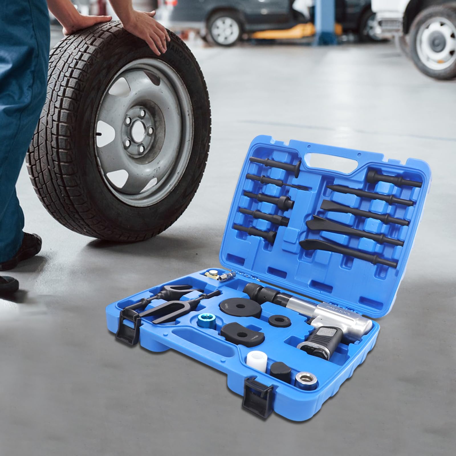 Set di martello scalpello ad aria compressa, multiuso, 2200 giri/min, martello scalpello ad aria compressa, con teste a pala, separatore per giunti sferici, punte liscianti e borsa per il trasporto