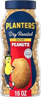 Planters Salted Dry Roasted Peanuts 16oz Jar - Crunchy Plant-Based Protein Snacks for Adults & Parties