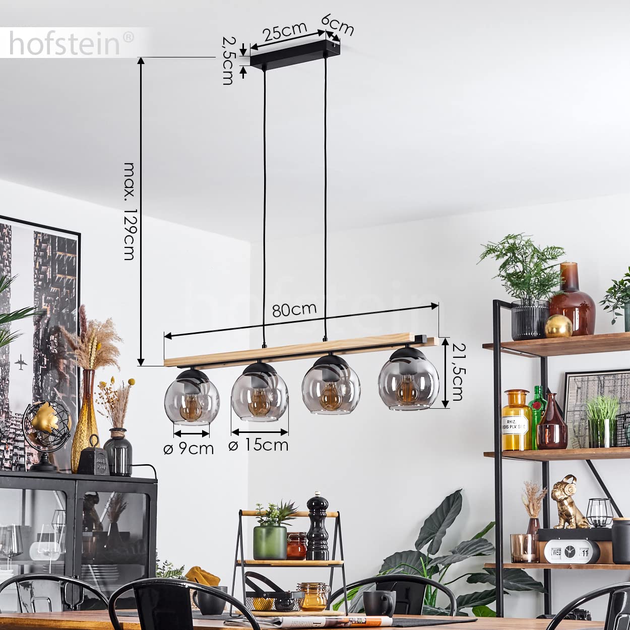 Lampada a sospensione Podre, lampada moderna in metallo/legno/vetro in colore nero/natura/fumo, 4 luci, con paralume in vetro reale (15 cm) e asta in legno, altezza massima 129cm, E27, senza lampadine