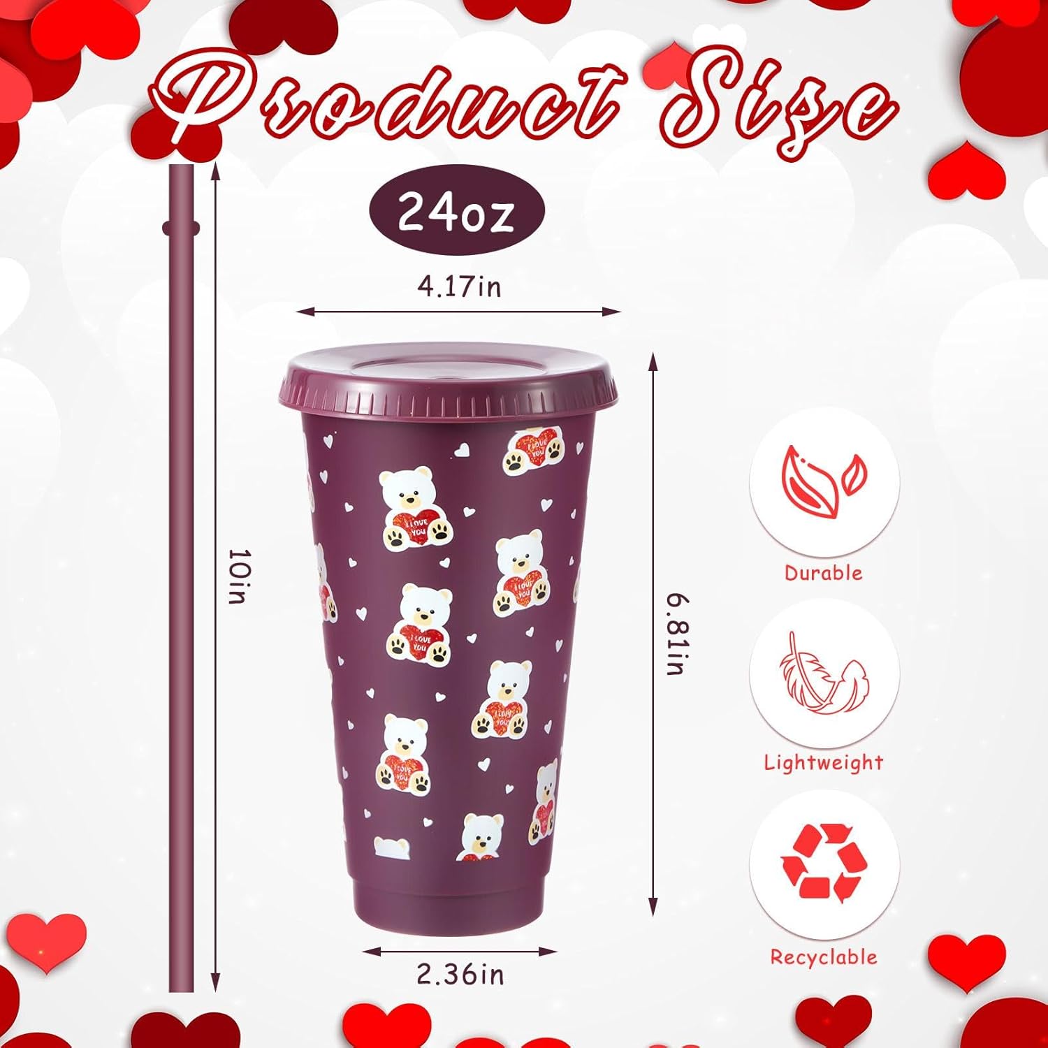 Uiifan 24 Pcs Valentine‘s Day Plastic Cup with Lid and Straw 24oz Reusable Cups for Friends Family Valentine‘s Day Gifts Party Supplies Favor(Classic)
