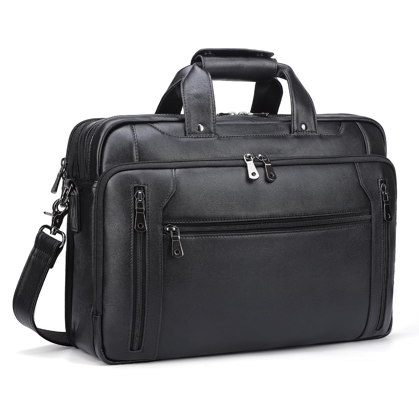 masa★！ Masa Kawa Black Leather Briefcase for Men, Waterproof 16 Inch