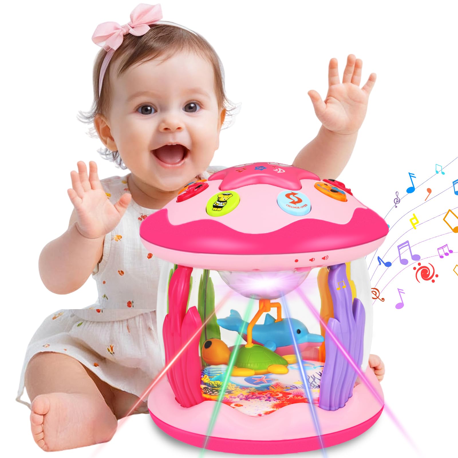 Baby Toys 6-12 Months Girl Gifts: Babies Ocean Rotating Light Up Musical Toys for Toddlers 1 2 Year Old Crawling Learning Infant Toy 6 7 8 9 10 11 12 Months Old Baby Girl Gift (Pink)