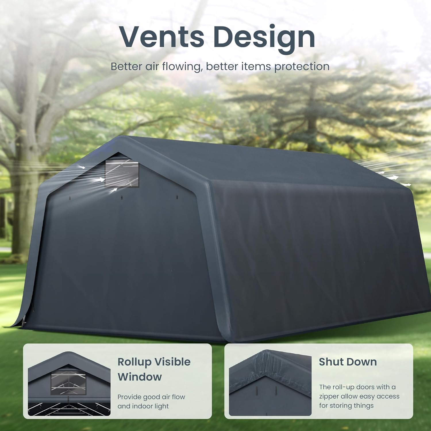 PHI VILLA 13’x22’x9.6’ Outdoor Portable Storage Shelter, Waterproof and UV Resistant Garage Tent with Roll-Up Zipper Doors Vents Carport for Motorcycles and Cars (Gray) PHI VILLA 13’x22’x9.6’ Outdoor Portable Storage Shelter, Waterproof and UV Resistant Garage Tent with Roll-Up Zipper Doors Vents Carport for Motorcycles and Cars (Gray)