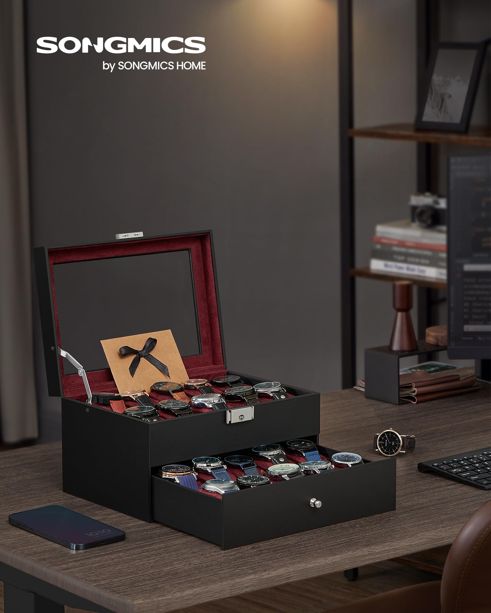 SONGMICS UJWB020R01 - Scatola per orologi a 20 scomparti, con coperchio in vetro, 2 strati, con chiusura a chiave, in pelle sintetica nera, fodera in rosso vino