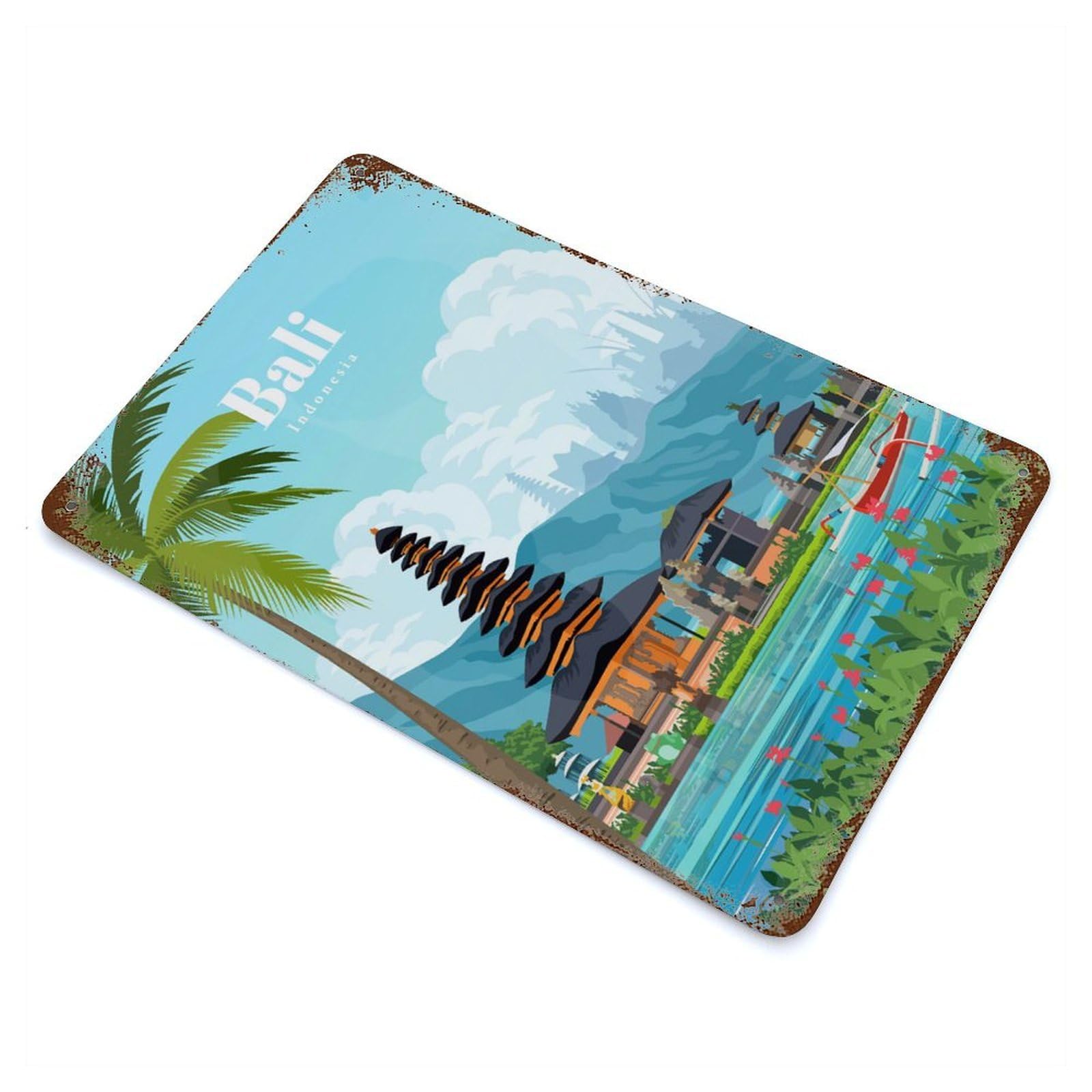Travel to Bali Rustic Tin Plaque 11.8"x7.9", Industrial Home Decor for Pub, Kitchen And Man Cave Decor