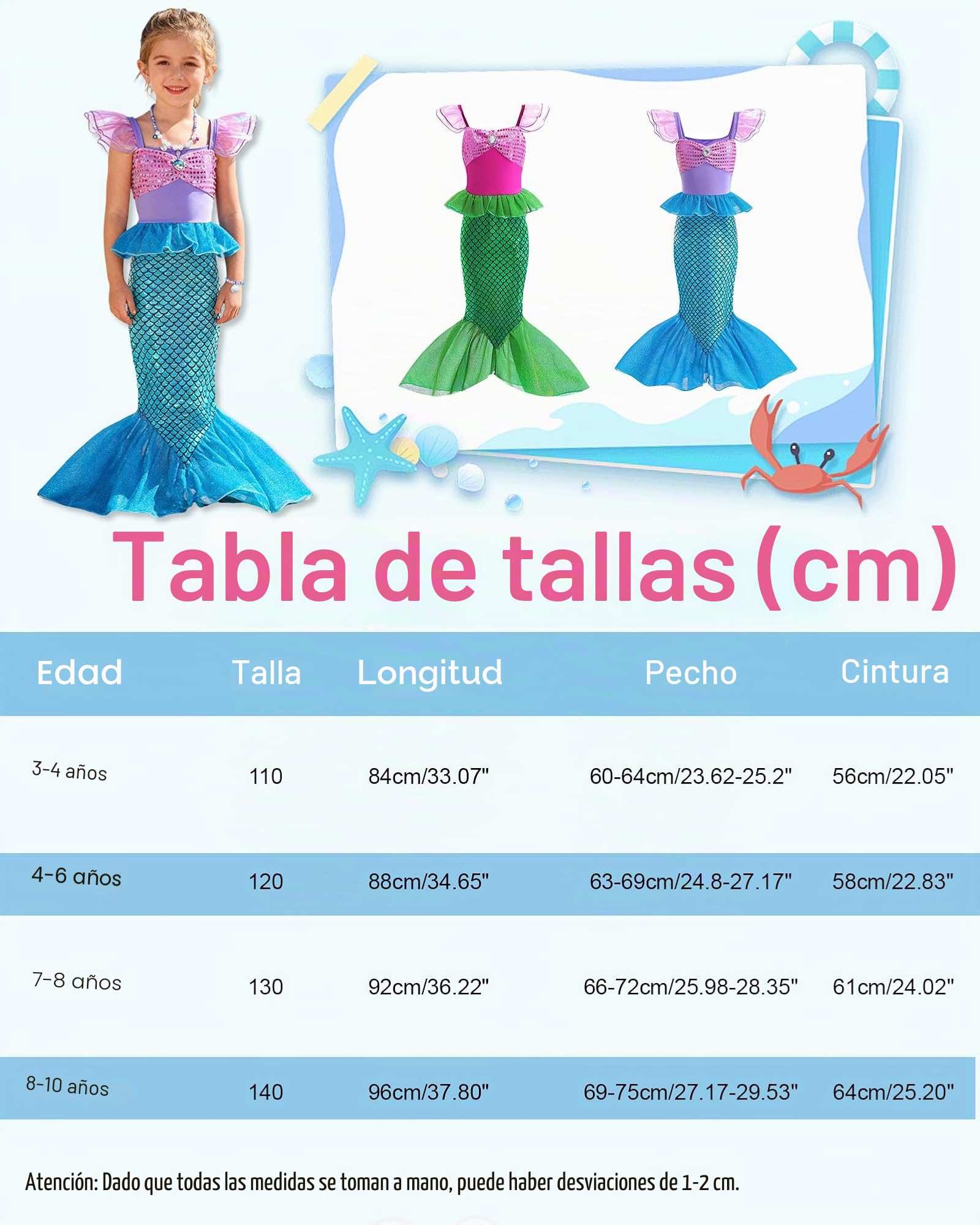 Disfraz de princesa sirena para niñas, vestido con purpurina con accesorios de 3 a 10 años, para Navidad, cumpleaños, día mundial del libro, cosplay